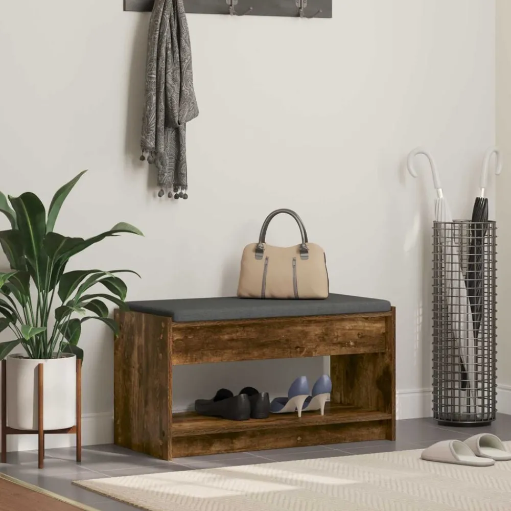 Halbank met kussen met plank Gerookte Eik 83 x 38 x 45 cm>vidaXL Discount