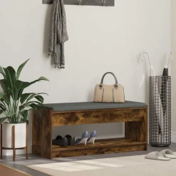 Bankjes*vidaXL Halbank met kussen met plank Gerookte Eik 103 x 38 x 45 cm Gerookt eiken