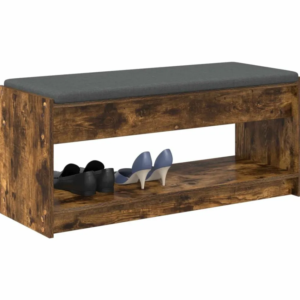 Bankjes*vidaXL Halbank met kussen met plank Gerookte Eik 103 x 38 x 45 cm Gerookt eiken