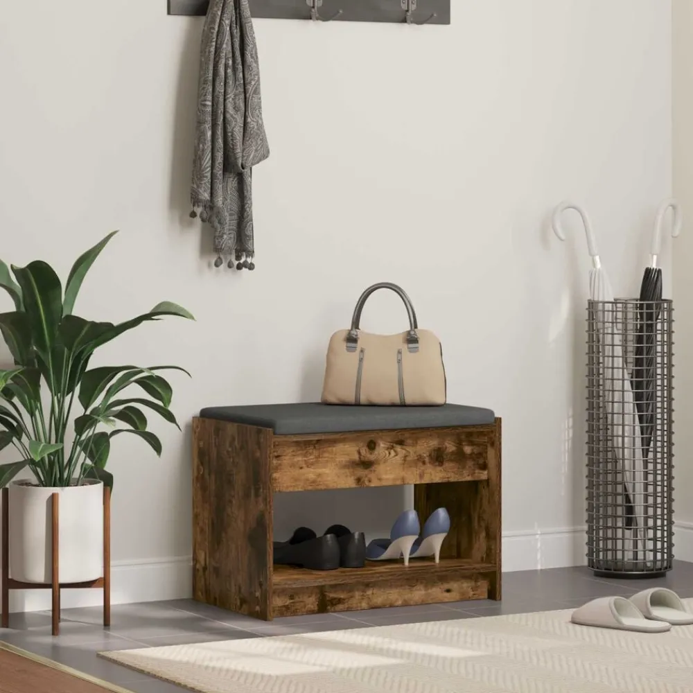 Halbank met kussen met plank Gerookte Eik 63 x 38 x 45 cm>vidaXL Online