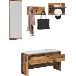 Bankjes*vidaXL Halmeubelset met lade met plank 4 pcs Oudhout Bewerkt hout artisanaal eikenkleurig