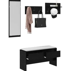 Halmeubelset met lade met plank 4 pcs Zwart Eiken Bewerkt hout><noscript><img width=