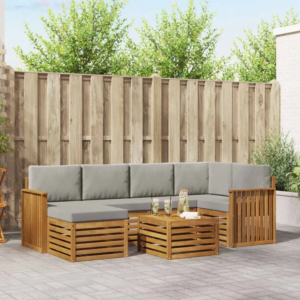 Hoekbank Set 7 pcs Natuurlijk en Lichtgrijs Massief Acaciahout>vidaXL Outlet