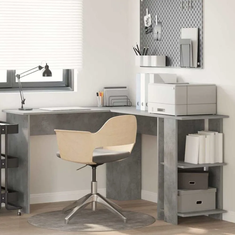 Kantoormeubelen*vidaXL Hoekbureau Beton Grijs 140 x 113,5 x 75 cm Bewerkt hout Betongrijs