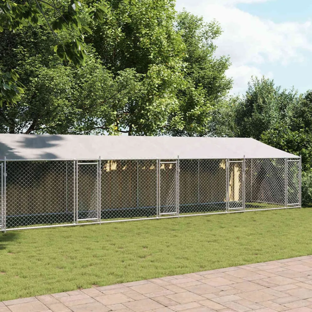 Huisdierbenodigdheden*vidaXL Hondenhok met dak en deuren 12x2x2 m gegalvaniseerd staal grijs