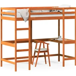 Bedden & Accessoires*vidaXL Hoogslaper met bureau massief grenenhout was 90x200 cm Bruin