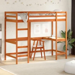 Bedden & Accessoires*vidaXL Hoogslaper met bureau massief grenenhout was 90x200 cm Bruin