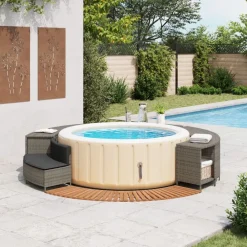 Hottub-ombouw poly rattan massief acaciahout><noscript><img width=