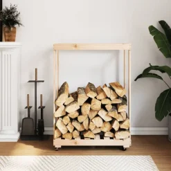 Houtkachel- & Haardaccessoires*vidaXL Houtblokhouder met wielen 76,5x40x108 cm massief grenenhout Naturel