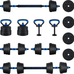 Fitness*vidaXL 4-in-1 Halterset 30kg Zwart en Blauw Cement en ijzeren zand Zwart met blauw