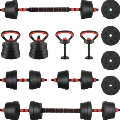 Fitness*vidaXL 4-in-1 Halterset 30kg Zwart en Rood Cement en ijzeren zand Zwart met rood
