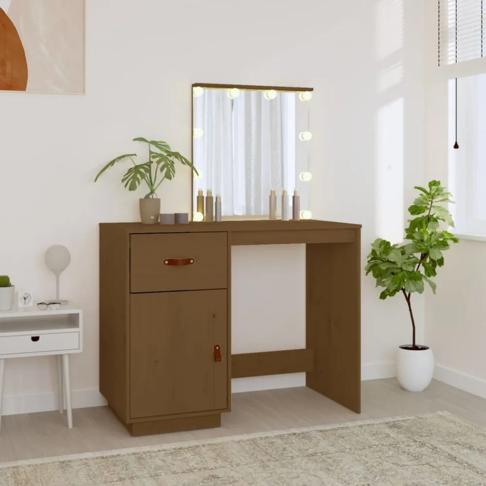 Kasten & Opbergmeubelen*vidaXL Kaptafel met LED 95x50x133,5 cm massief grenenhout Honingbruin