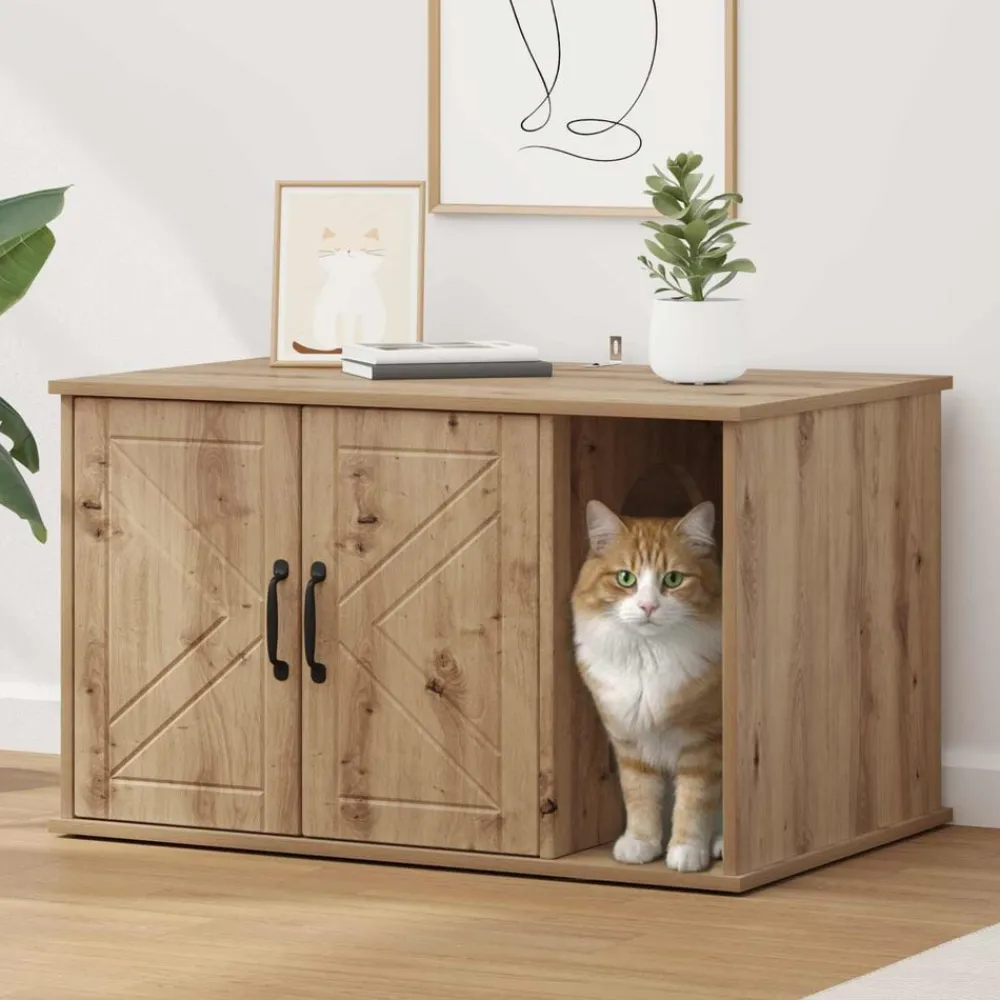 Huisdierbenodigdheden*vidaXL Kattenhuis Ambachtelijk eiken 85 x 55 x 50 cm Bewerkt hout artisanaal eikenkleurig