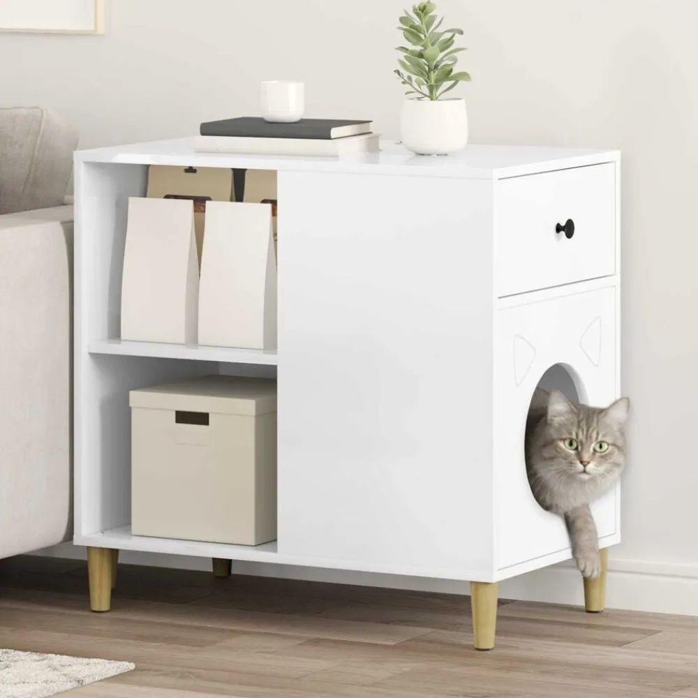 Huisdierbenodigdheden*vidaXL Kattenhuis Glanzend Wit 72 x 42,5 x 70 cm Bewerkt hout Hoogglans wit