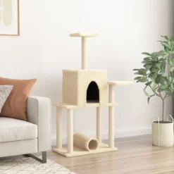 Kattenmeubel met sisal krabpalen 122 cm crèmekleurig><noscript><img width=