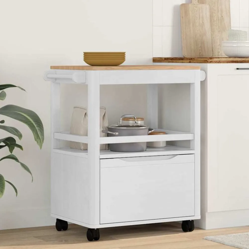 Trolleys*vidaXL Keuken Trolley FLORO 72,5 x 45 x 80 cm Massief Vurenhout Wit
