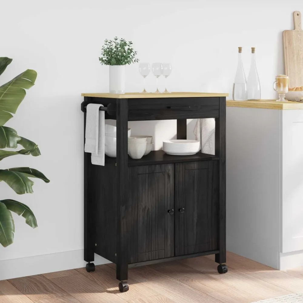 Trolleys*vidaXL Keuken Trolley MONZA 60 x 40 x 88,5 cm Massief Vurenhout Zwart