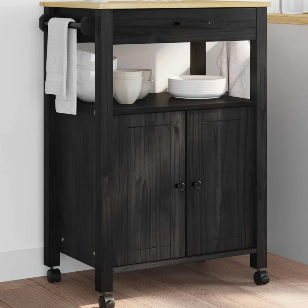 Trolleys*vidaXL Keuken Trolley MONZA 60 x 40 x 88,5 cm Massief Vurenhout Zwart