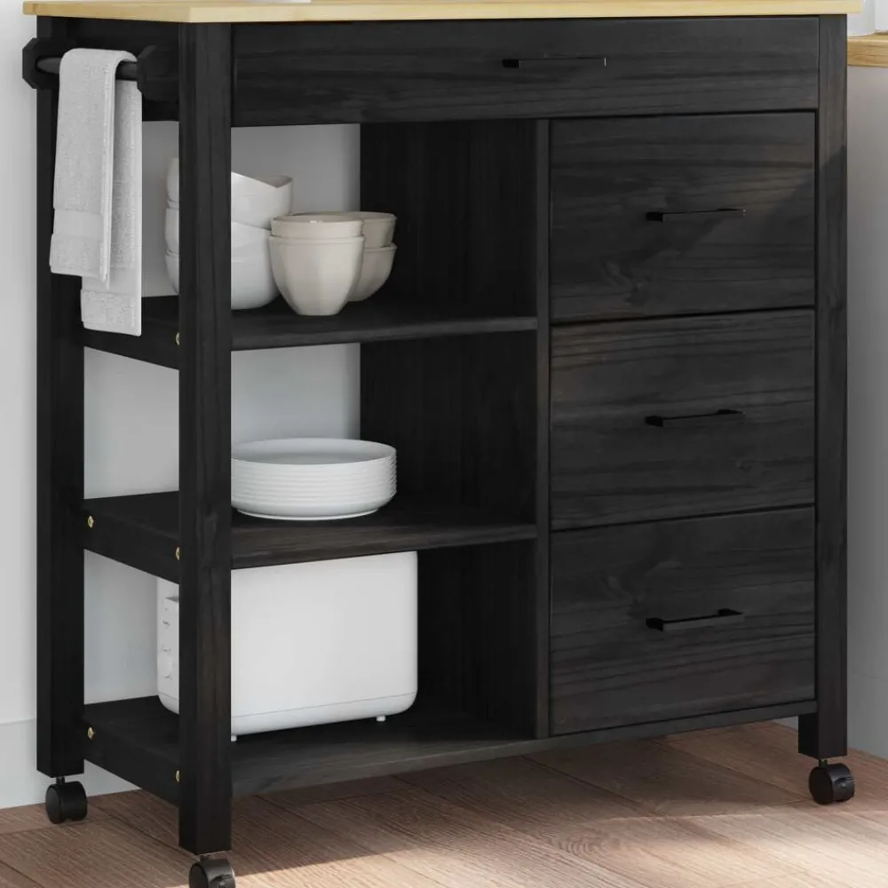 Trolleys*vidaXL Keuken Trolley MONZA 84 x 40 x 88,5 cm Massief Vurenhout Zwart