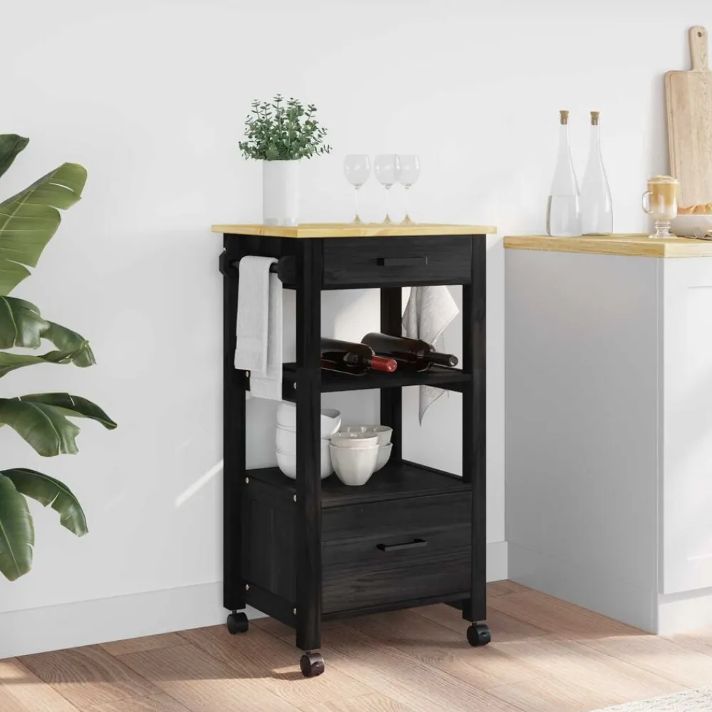 Trolleys*vidaXL Keuken Trolley MONZA 48 x 40 x 88,5 cm Massief Vurenhout Zwart