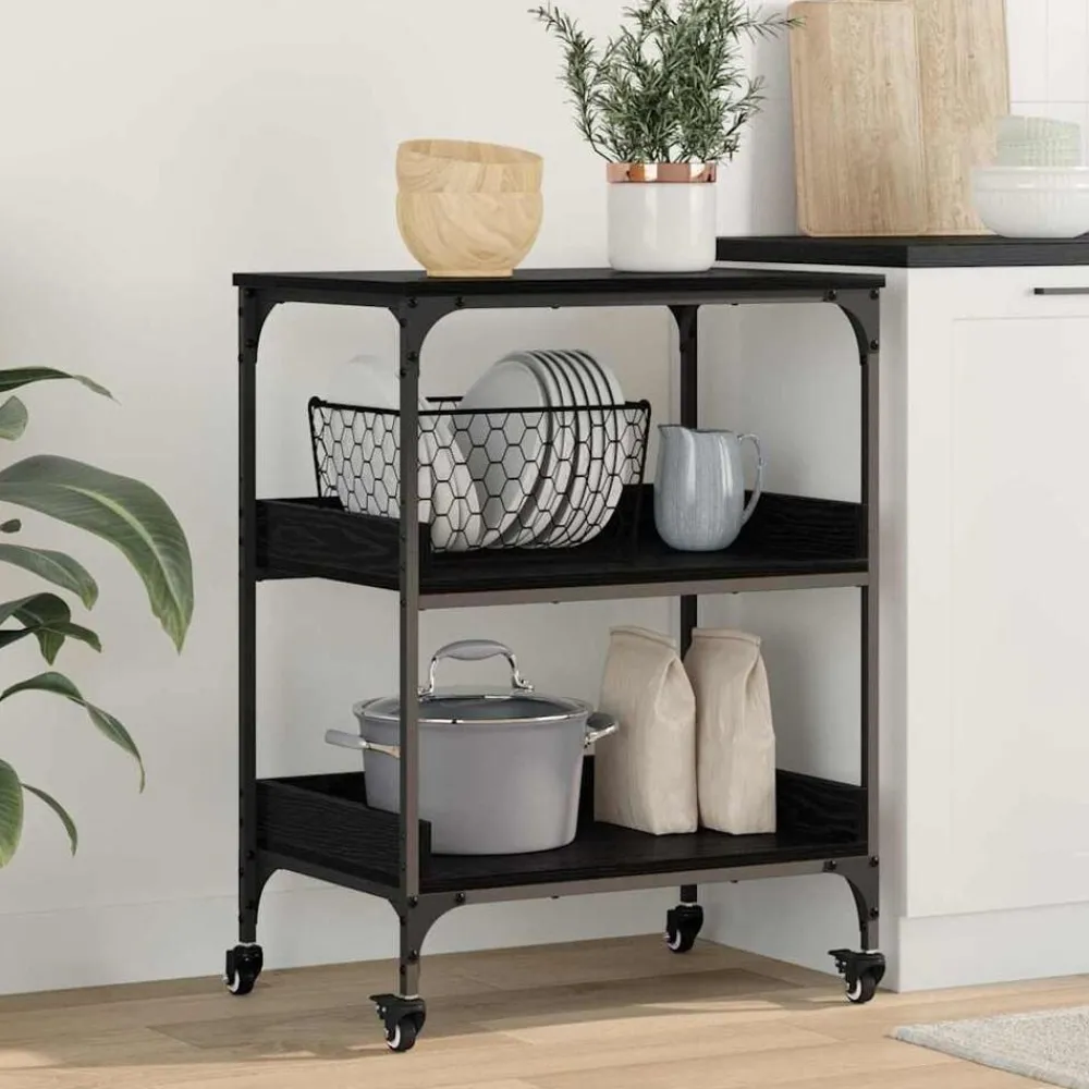 Trolleys*vidaXL Keuken Trolley 60 x 41 x 80.5 cm Bewerkt hout Zwart eiken