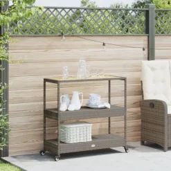 Keukentrolley 3-laags poly rattan en massief acaciahout grijs><noscript><img width=