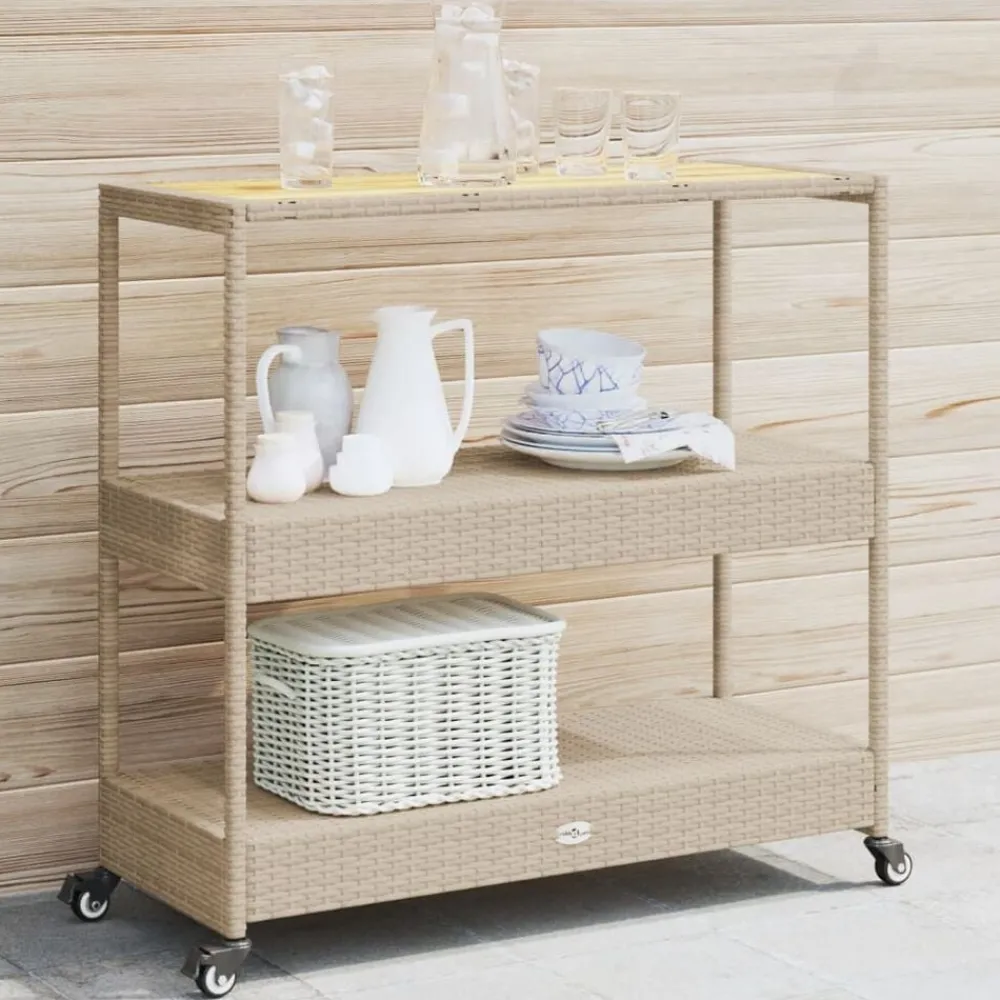 Trolleys*vidaXL Keukentrolley 3-laags poly rattan en massief acaciahout beige Beige en bruin