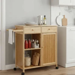 Trolleys*vidaXL Keukentrolley met Wielen Naturel 90,5 x 36 x 86,5 cm Bamboe