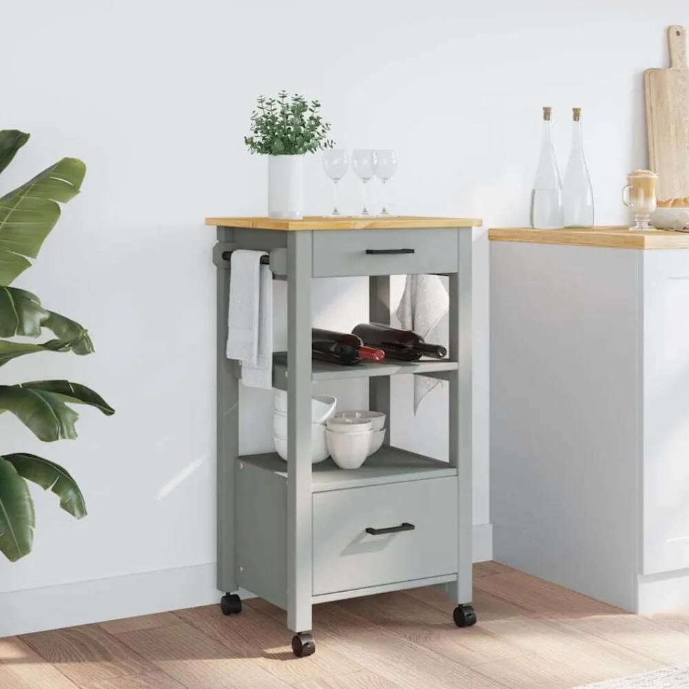 Trolleys*vidaXL Keukentrolley MONZA 48x40x88,5 cm massief grenenhout Grijs