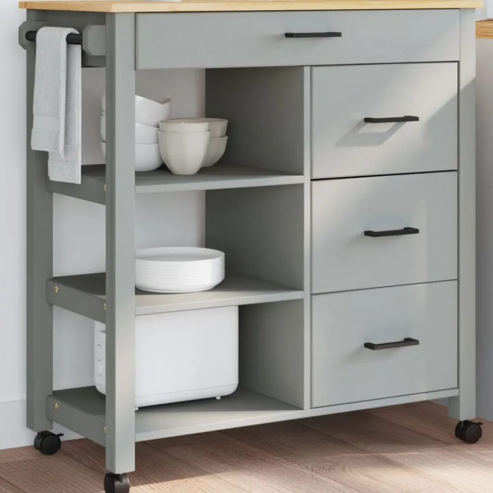 Trolleys*vidaXL Keukentrolley MONZA 84x40x88,5 cm massief grenenhout Grijs