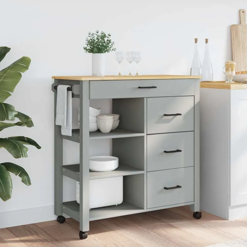 Trolleys*vidaXL Keukentrolley MONZA 84x40x88,5 cm massief grenenhout Grijs