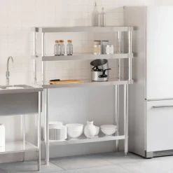 Keukenwerktafel met bovenschap 110x30x150 cm roestvrij staal><noscript><img width=