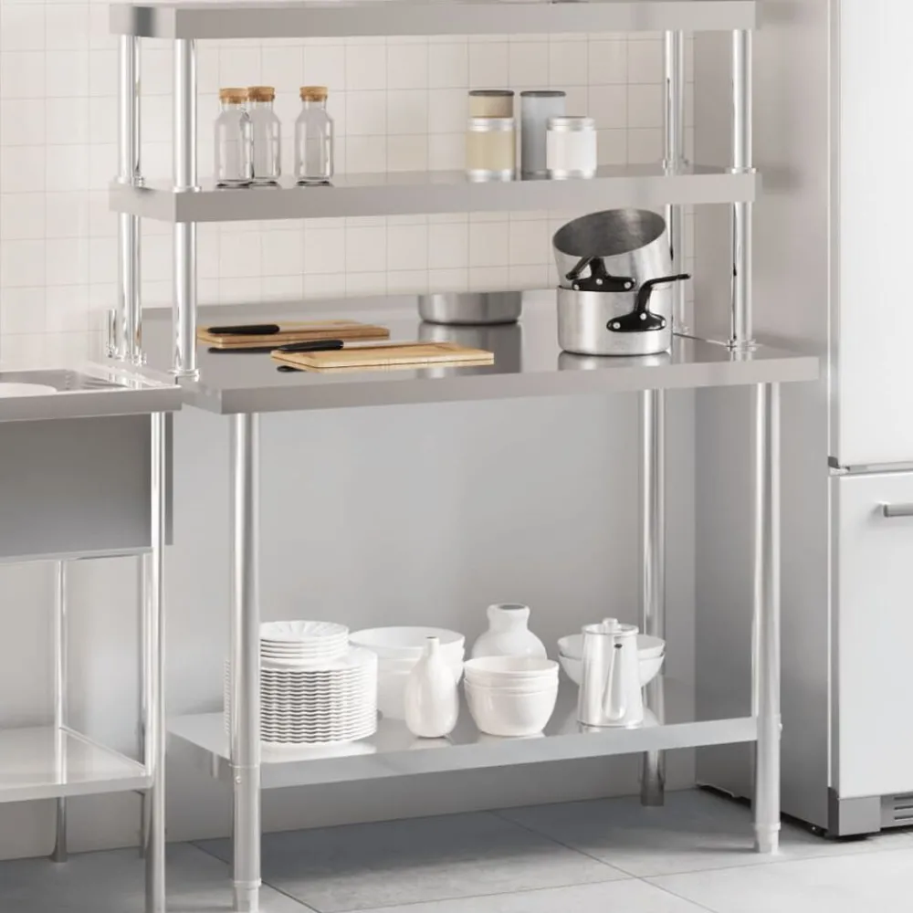 Keukenwerktafel met bovenschap 110x55x150 cm roestvrij staal>vidaXL Outlet