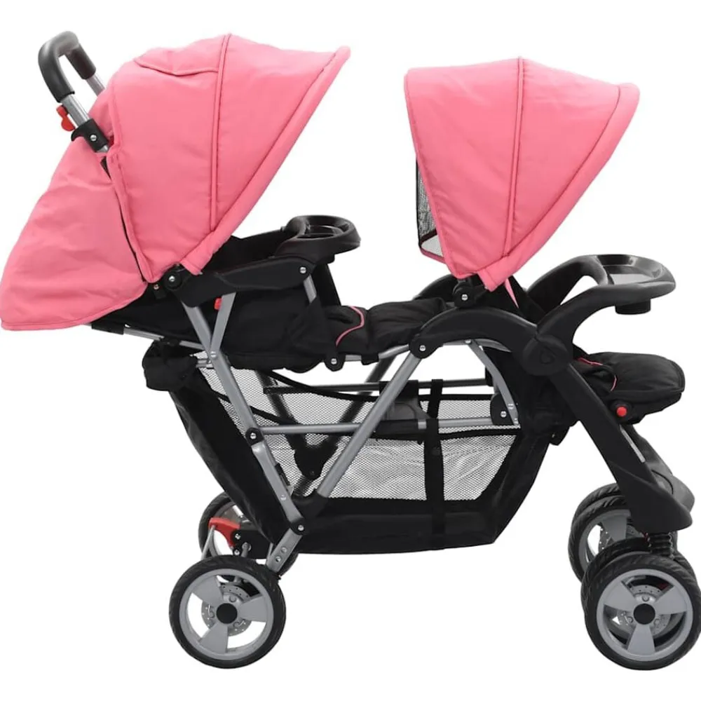 Onderweg*vidaXL Kinderwagen dubbel staal en zwart Roze