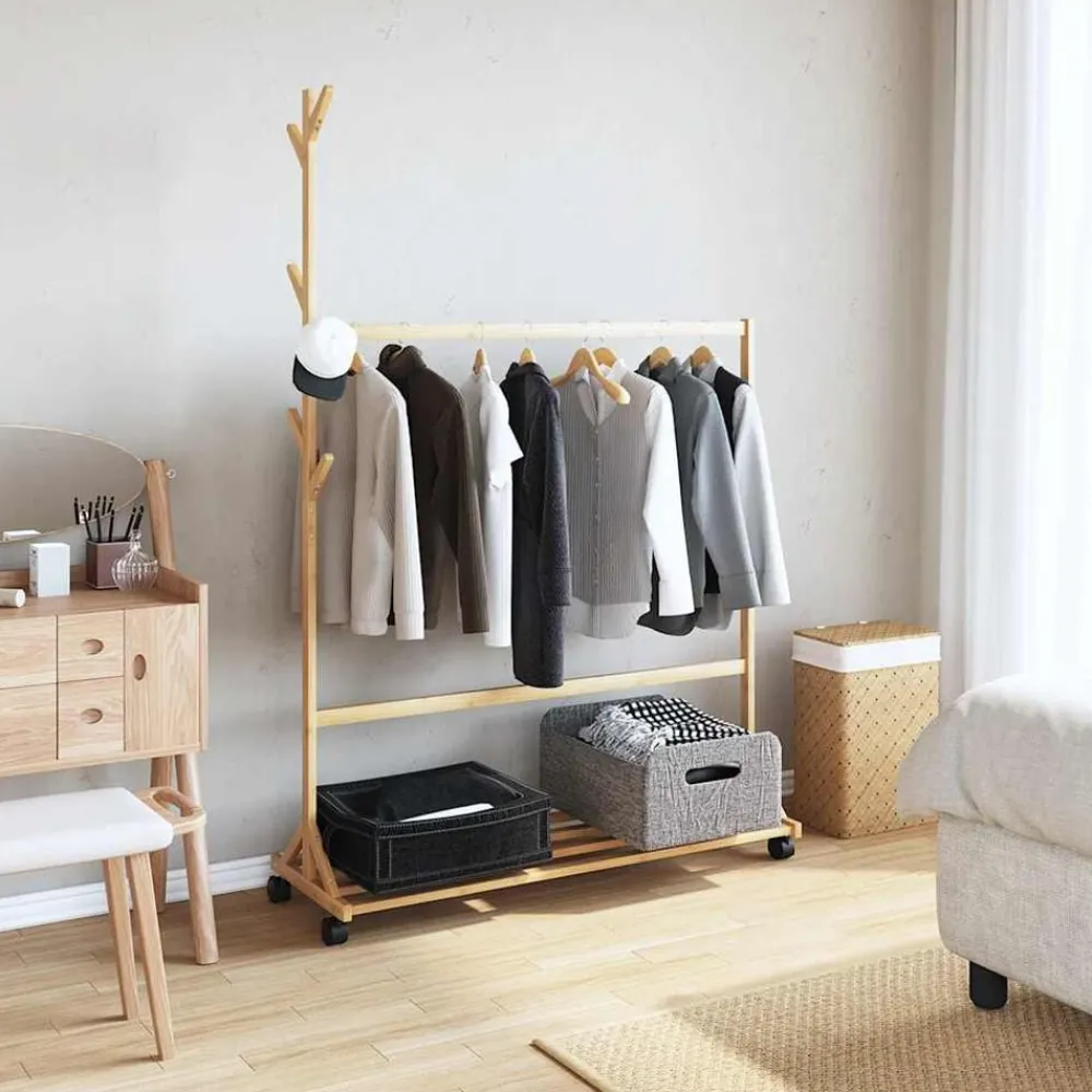 Kledingrek met haken en wielen 100x35x157 cm bamboe>vidaXL Hot