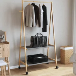 Kledingrek met schappen en wielen 96x45,5x155,5 cm bamboe><noscript><img width=