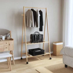 Kledingrek met schappen en wielen 96x45,5x155,5 cm bamboe>vidaXL Clearance