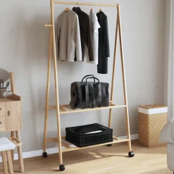 Kledingrek met schappen en wielen 96x45,5x155,5 cm bamboe><noscript><img width=