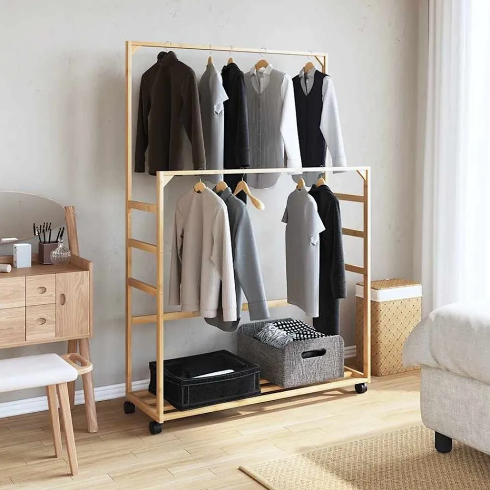 Kledingrek met schappen en wielen 90x35x155 cm bamboe>vidaXL
