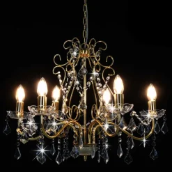 Kroonluchter met kristallen kralen rond 6xE14 goudkleurig><noscript><img width=