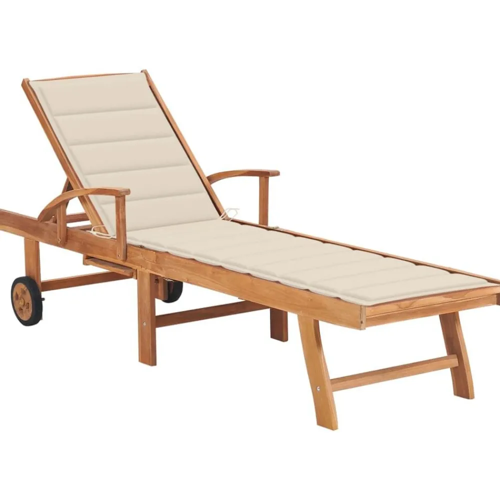 Tuinmeubelen*vidaXL Ligbed met crèmekleurig kussen massief teakhout Crème