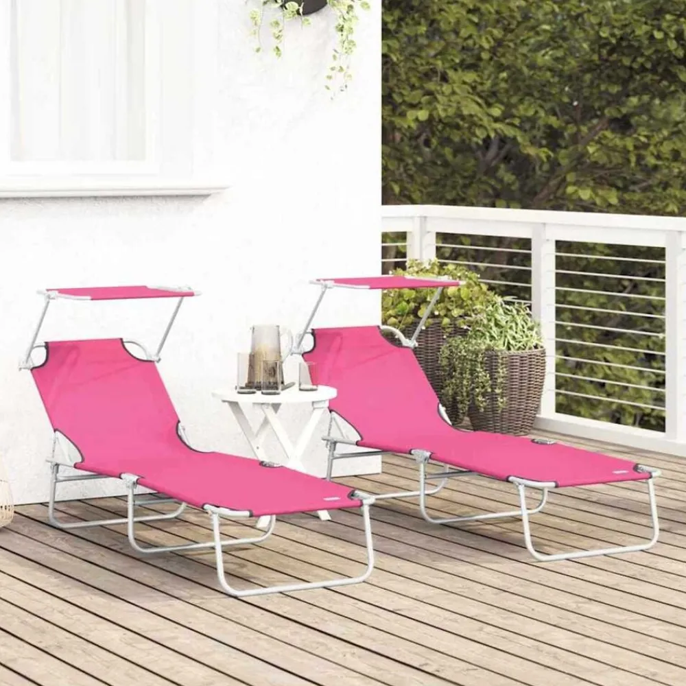 Tuinmeubelen*vidaXL Ligbed met luifel inklapbaar staal magenta Roze