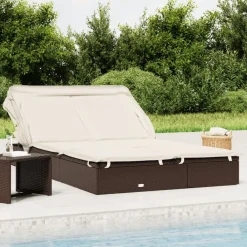 Tuinmeubelen*vidaXL Ligbed 2-persoons met dak 213x118x97 cm poly rattan Bruin