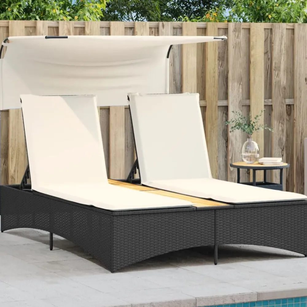 Ligbed 2-persoons met luifel en kussens poly rattan>vidaXL Sale
