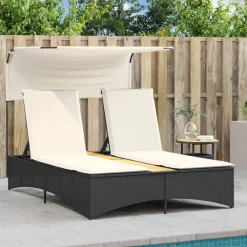 Ligbed 2-persoons met luifel en kussens poly rattan><noscript><img width=