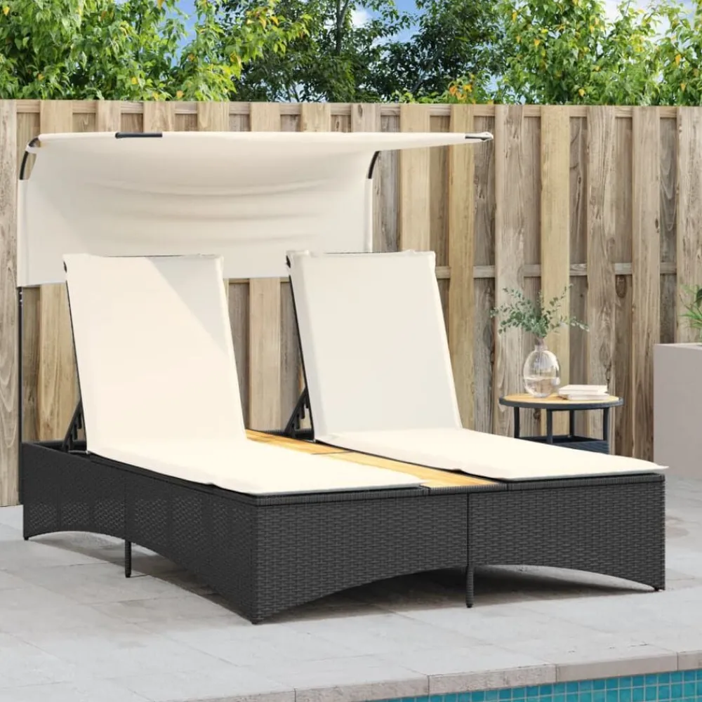 Ligbed 2-persoons met luifel en kussens poly rattan>vidaXL Sale