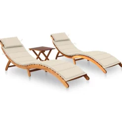 Tuinmeubelen*vidaXL Ligbedden 2 st met tafel en kussens massief acaciahout Crème