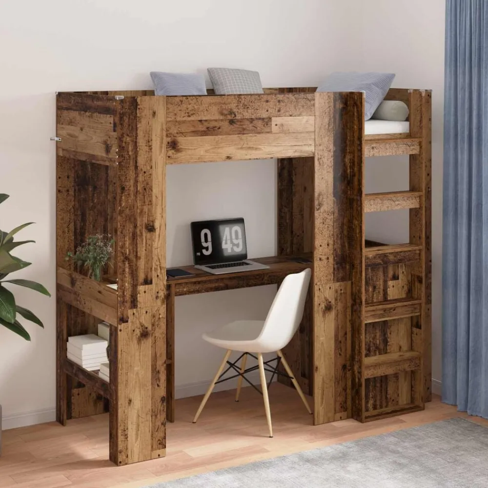 Loft Bedframe met Bureau Oudhout 75 x 190 cm Bewerkt hout>vidaXL Outlet