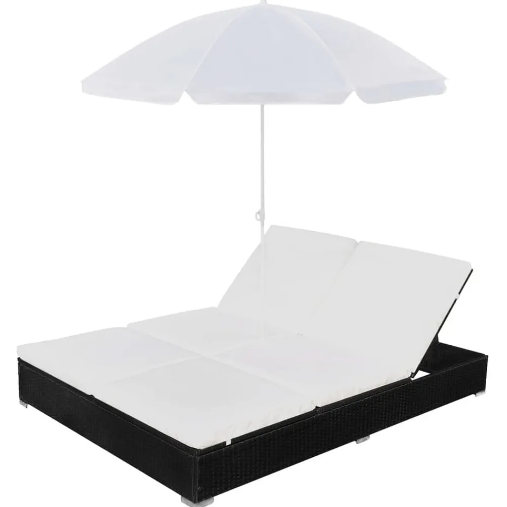 Tuinmeubelen*vidaXL Loungebed met parasol poly rattan Zwart