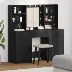 Kasten & Opbergmeubelen*vidaXL Make-up tafel set met LED 3 pcs Bewerkt hout Zwart eiken